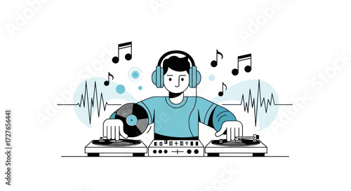 Young male DJ character wearing headphones mixing music on turntables with a vinyl record and sound waves.