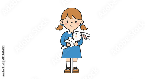 Adorable Girl in Blue Dress Holding a White Rabbit.