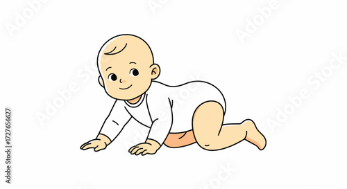 Adorable baby in white onesie crawling with a happy expression.
