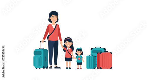 Mother and two daughters with luggage ready for travel and vacation.