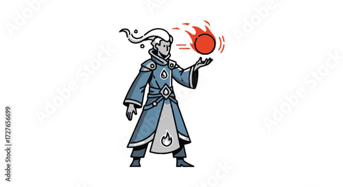 Mystical Wizard Conjuring Fiery Orb with Magical Blue Robes.