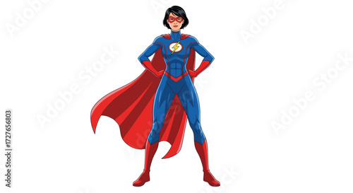 Powerful Female Superhero in Blue and Red Costume.