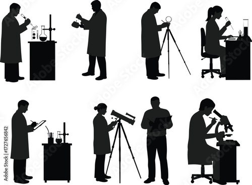 Scientific research silhouette vector, scientists working with microscope, telescope, lab glassware, clipboard, experiment setup, laboratory scene, black icon set, science tools