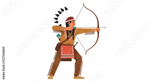 Indigenous Archer Aiming Bow and Arrow with Feathered Headdress.