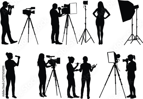 Video production silhouette vector, camera crew, lighting setup, boom mic, tripod, filming scene, studio shoot, black icon set, media work illustration