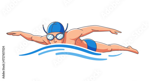 Cartoon man swimming freestyle stroke with blue cap and goggles.