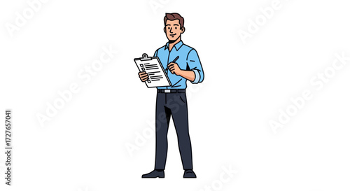 Cartoon Illustration of a Man Holding Clipboard and Pen.