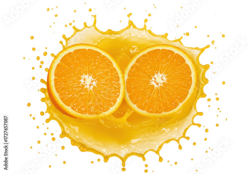 Photorealistic, vibrant orange halves with glistening pulp, an explosive juice splash with individual droplets, against a transparent background, concept for beverage advertising