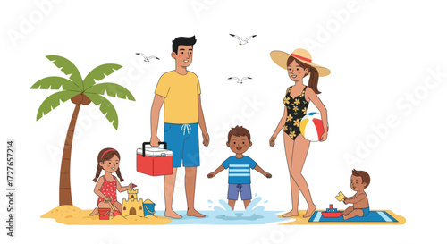 Illustrated family enjoying a summer beach vacation with children sand and a palm tree.