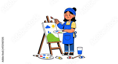 Young Artist Painting a Landscape on Canvas with Easel and Art Supplies.