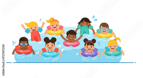 Diverse group of happy children enjoying swimming with inflatable rings in a pool.