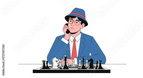 Man in Suit Playing Chess While on Phone Call.