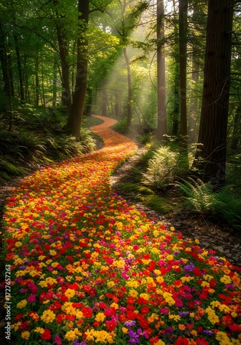 A flower path through the forest with sun rays shining through the trees above