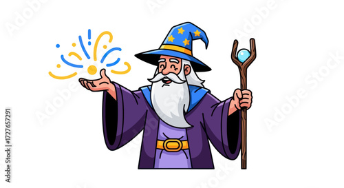 Cartoon Wizard with Blue Hat Staff and Magic Sparkles.