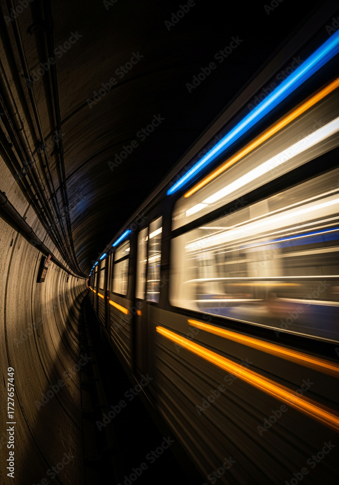 Fototapeta premium Dynamic Motion Blur of Subway Train in Tunnel