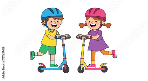 Two happy cartoon children wearing helmets riding colorful scooters.