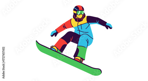 Dynamic Snowboarder in Colorful Gear on Green Board Illustration.