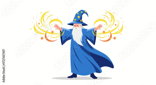 Elderly wizard in blue robe casting magical spells with glowing energy.