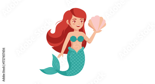 Cartoon Mermaid with Red Hair Holding a Seashell.
