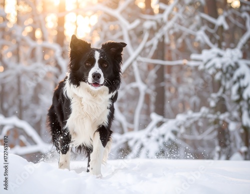 Energetic Border Collie in Snowy Forest