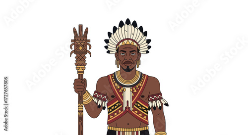 Illustration of a powerful African tribal chief wearing a feathered headdress and holding an ornate staff.