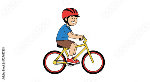 Boy riding a yellow bicycle with red helmet and red shoes.