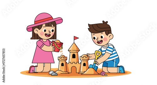 Two happy children building a sandcastle together on a beach with buckets and shovels.