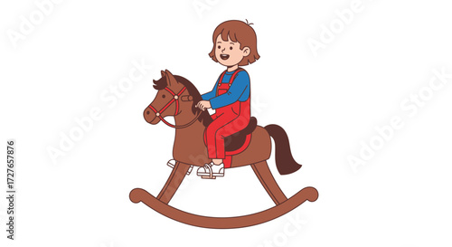 Happy Child Riding a Brown Rocking Horse Toy.