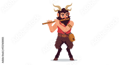 Mythological Satyr Character Playing Flute with Horns.