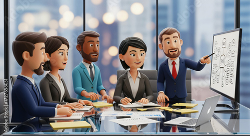 A 3D animated illustration depicts a business meeting taking place in a modern conference room with a panoramic window view of a city skyline at dusk or night.