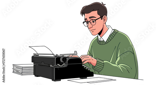 Man wearing glasses and a green sweater typing on a vintage typewriter.