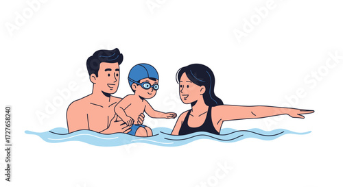 Happy family cartoon illustration swimming together parents teaching young child in water with goggles.