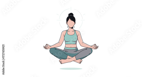 Woman meditating in a serene lotus pose floating in a peaceful yoga illustration.
