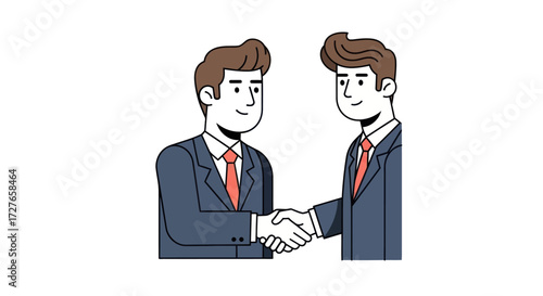 Two businessmen in suits shaking hands symbolizing agreement and partnership.