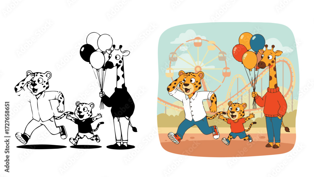 Fototapeta premium cheerful cartoon park scene, yellow jaguar character, giraffe with balloons, amusement park background, 