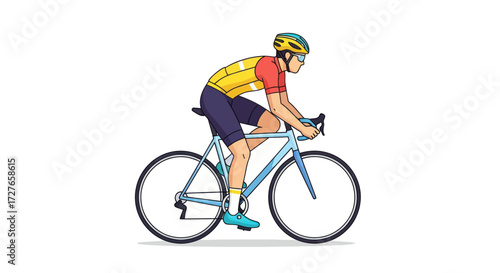 Cyclist in Yellow and Red Jersey Riding a Blue Road Bike.