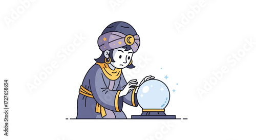 Cartoon fortune teller with turban and crystal ball gazing into the future.