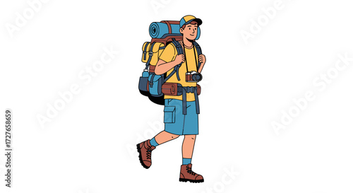 Cartoon Illustration of a Young Hiker with Backpack and Camera.