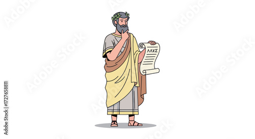 A thoughtful ancient Greek philosopher with a beard and laurel wreath holding a papyrus scroll.