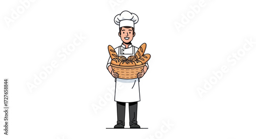 Smiling Baker Holding Basket Full of Freshly Baked Bread Loaves.