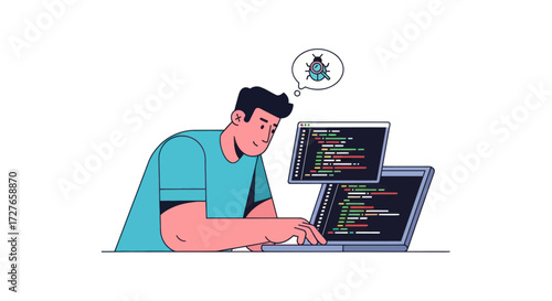 Focused Programmer Debugging Code on Laptop with Bug Icon.