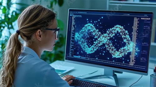 Genetic research DNA analysis bioinformatics data science lab computer scientist genome mapping with focused calm mood female scientist lab computer