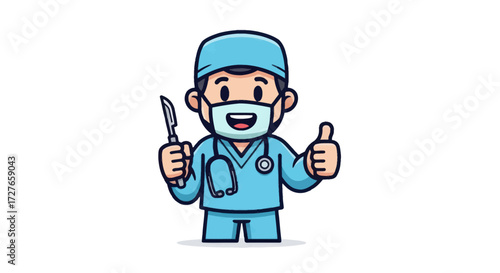 Cartoon Doctor Character with Surgical Instruments and Thumbs Up.