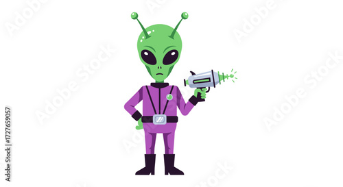 Cartoon Green Alien Holding Futuristic Ray Gun in Purple Spacesuit.