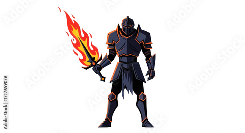 Dark Knight Warrior with Flaming Sword Fantasy Character Illustration.