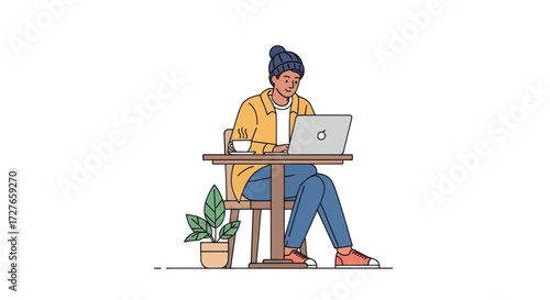 Person working on a laptop at a table with a plant.