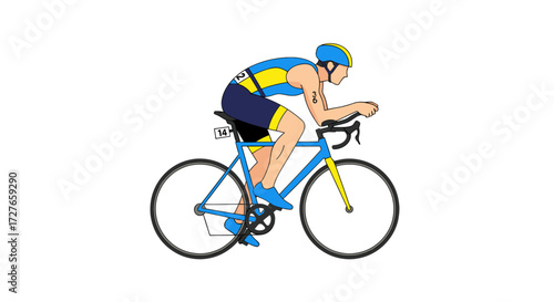 Cyclist in aerodynamic position on a blue and yellow road bike.