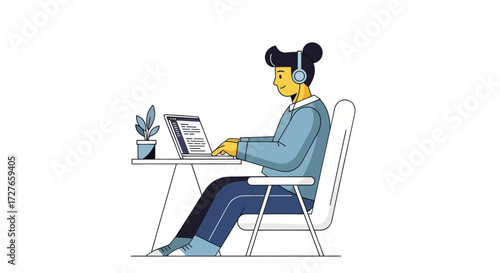 Stylized Illustration of Person Working on Laptop with Headphones.