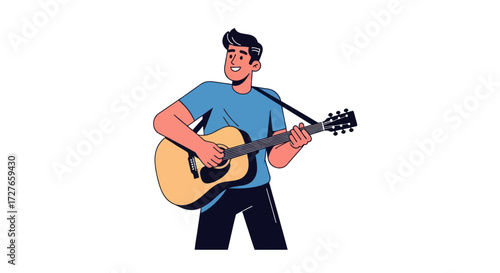 Smiling Man Playing Acoustic Guitar with Strap Musical Instrument.