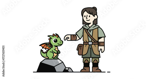 Friendly Cartoon Human Interacting with a Small Green Dragon.